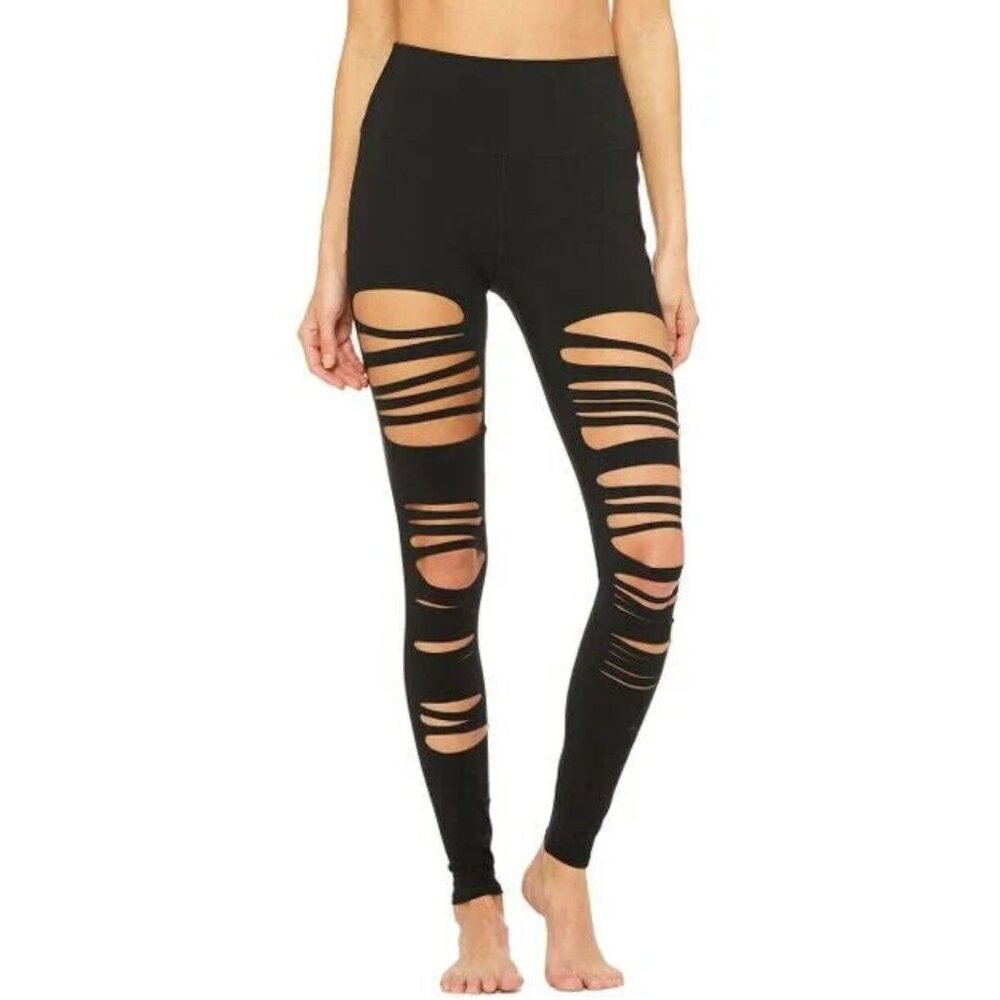 Alo High-Waist Extreme Ripped Warrior Leggings Black Edgy Hi-Rise Destroyed Pant - Picture 6 of 15